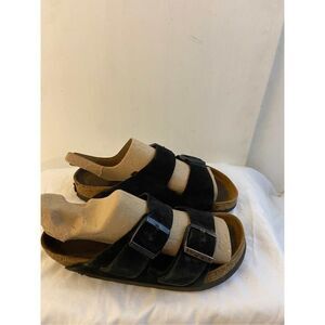 Birkenstock size 37  (7-8 usa)double strap black suede Read defected heels